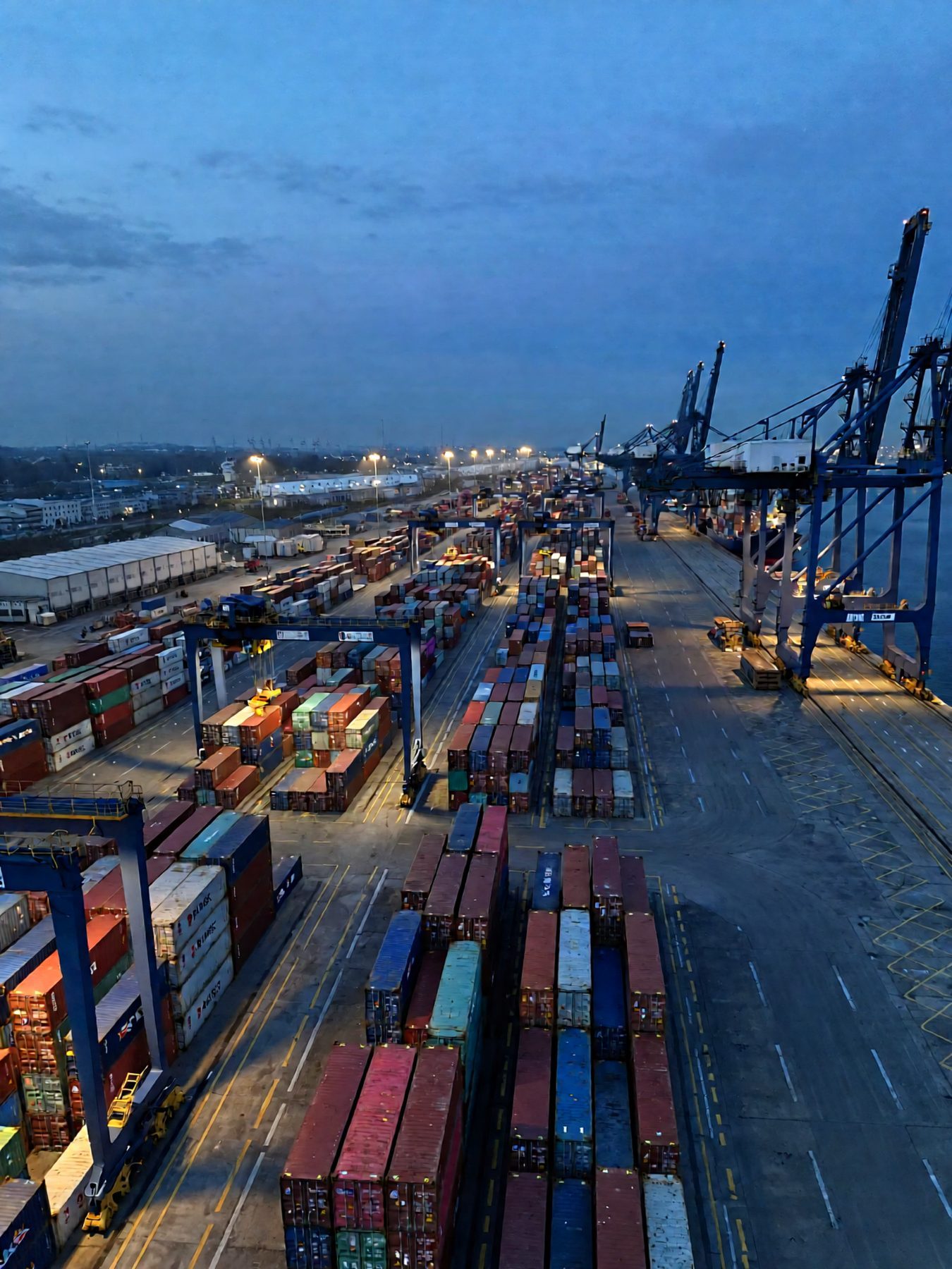 Aerial view of a container port at dusk