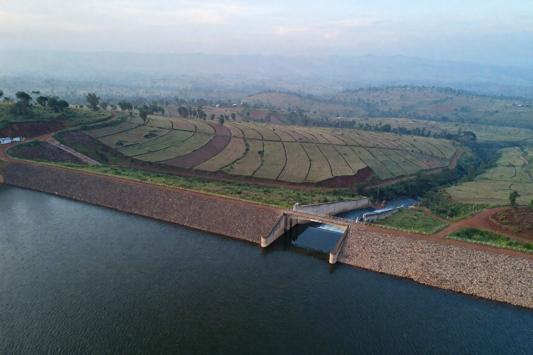 Aerial view of an irrigation dam and reservoir