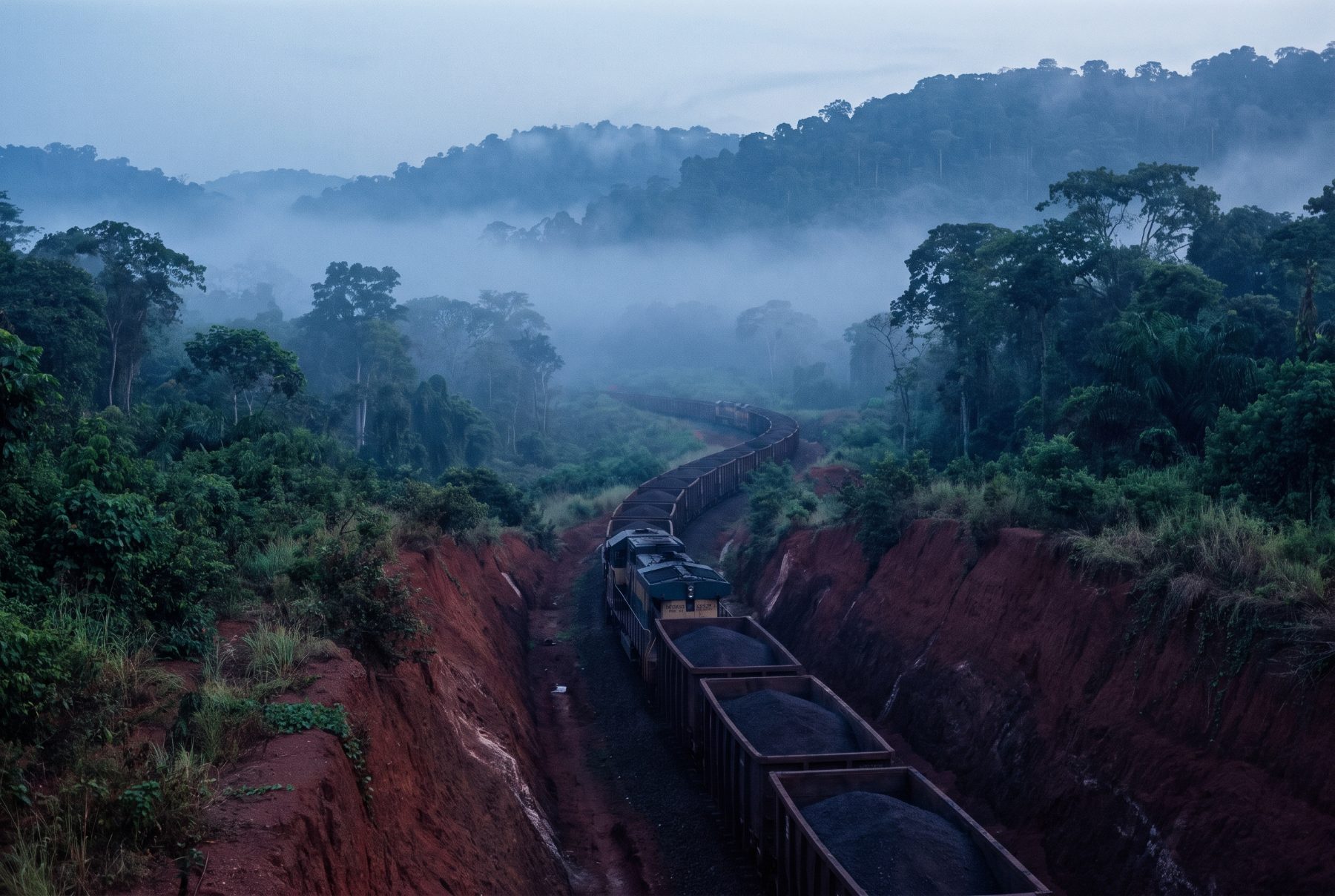 Loaded ore train on the trans-Guinean railway at dawn
